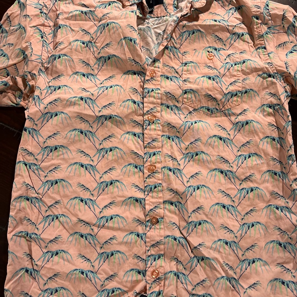 Men's Peach Button-Down Shirt with Teal Palm Print